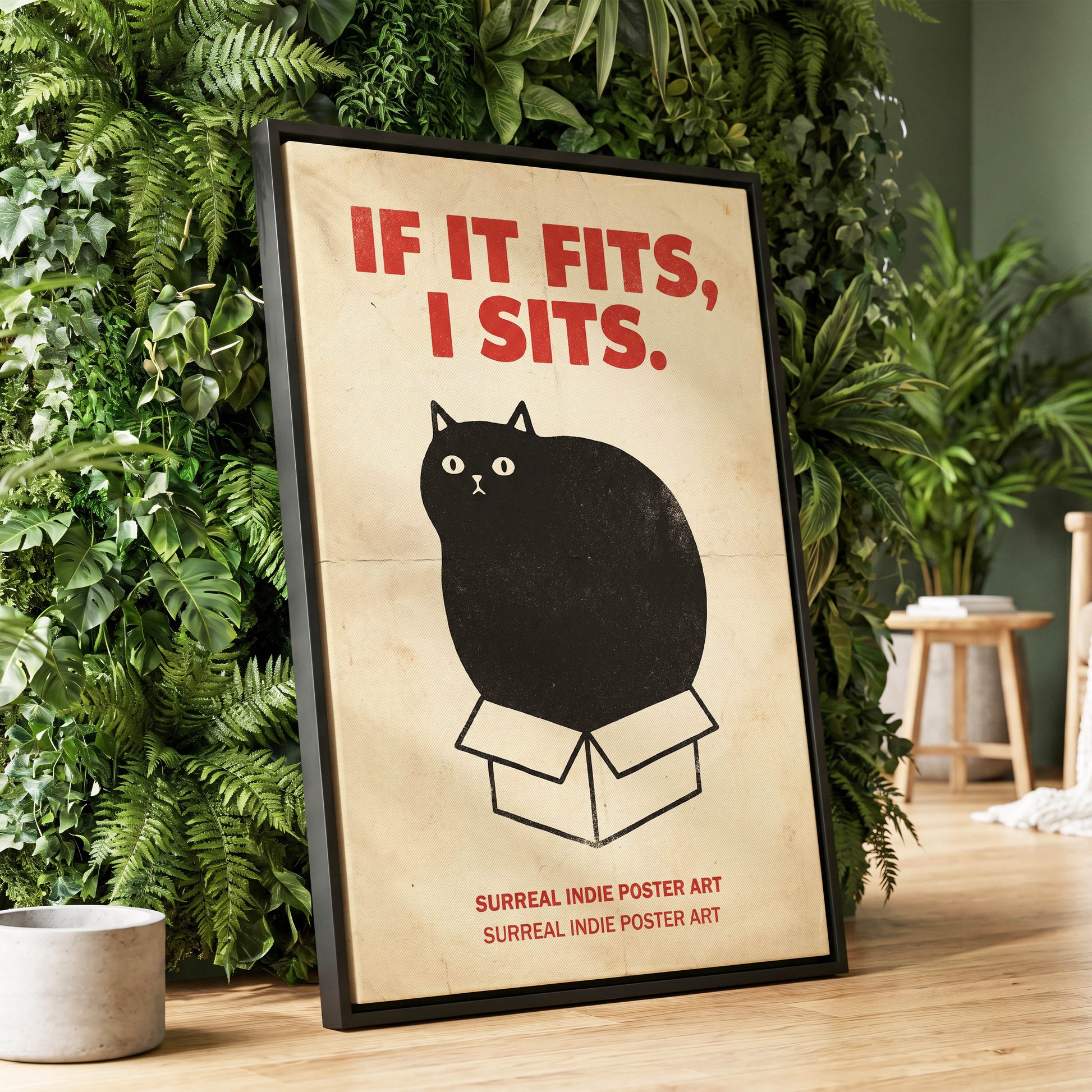 If It Fits Cat Poster, beige, black, red minimalist wall art displayed in a styled interior, gallery view 1