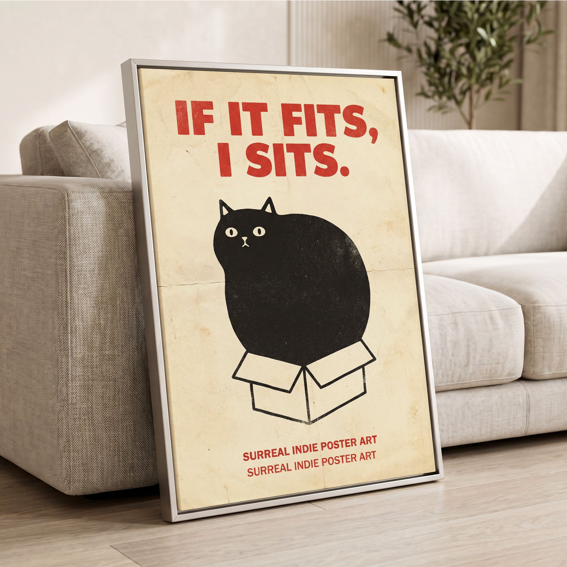 If It Fits Cat Poster, beige, black, red minimalist wall art displayed in a styled interior, gallery view 2