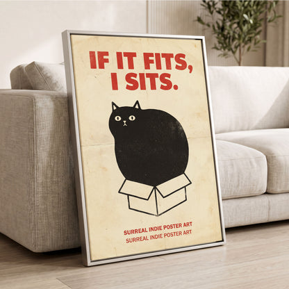 If It Fits Cat Poster, beige, black, red minimalist wall art displayed in a styled interior, gallery view 2