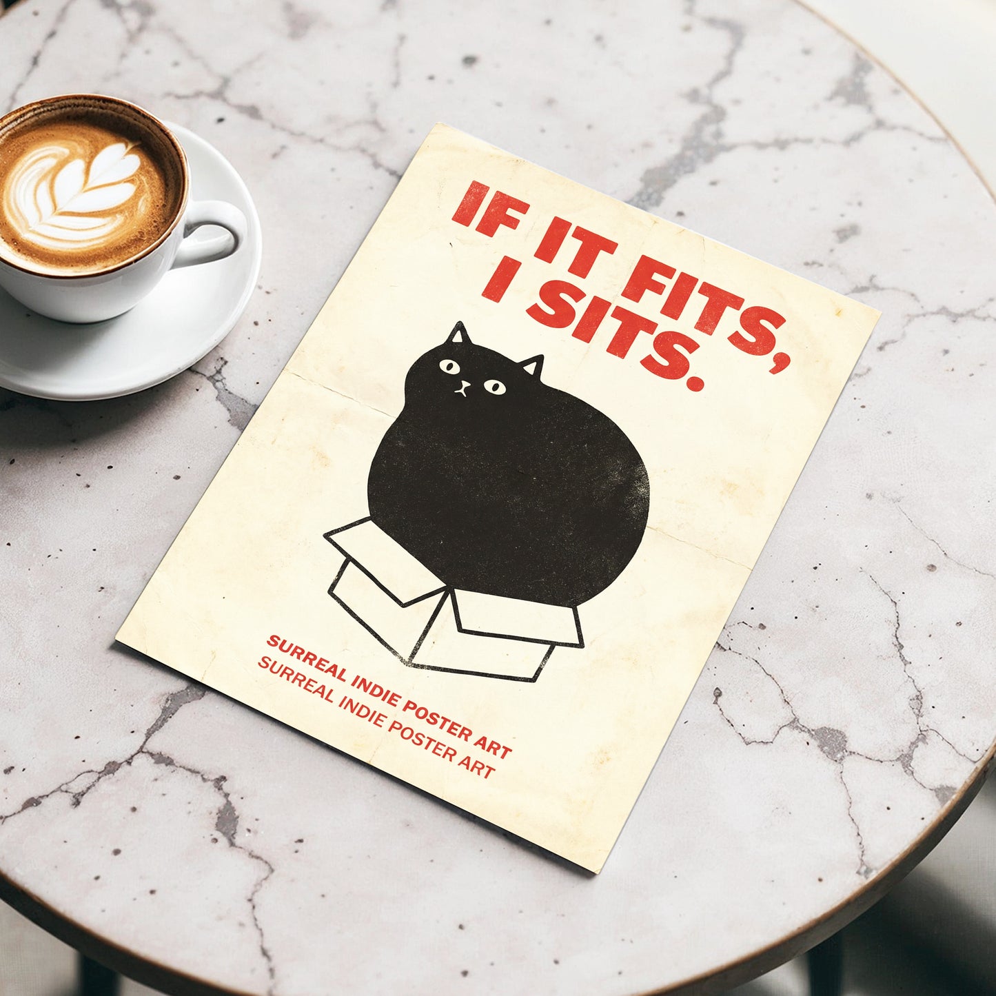 If It Fits Cat Poster, beige, black, red minimalist wall art displayed in a styled interior, gallery view 3