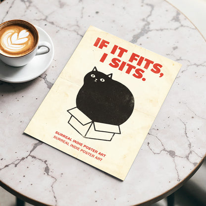 If It Fits Cat Poster, beige, black, red minimalist wall art displayed in a styled interior, gallery view 3