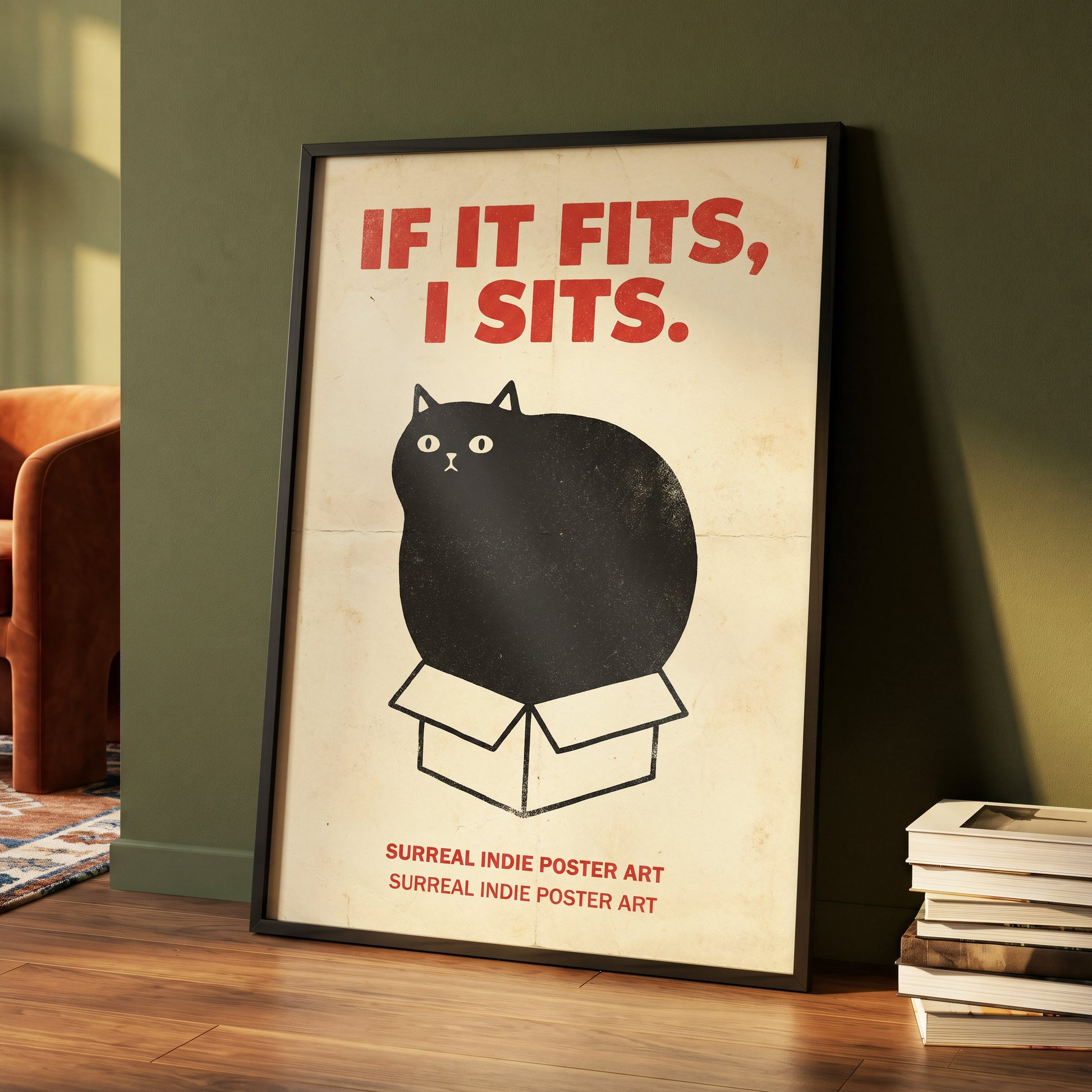 If It Fits Cat Poster, beige, black, red minimalist wall art displayed in a styled interior, gallery view 4