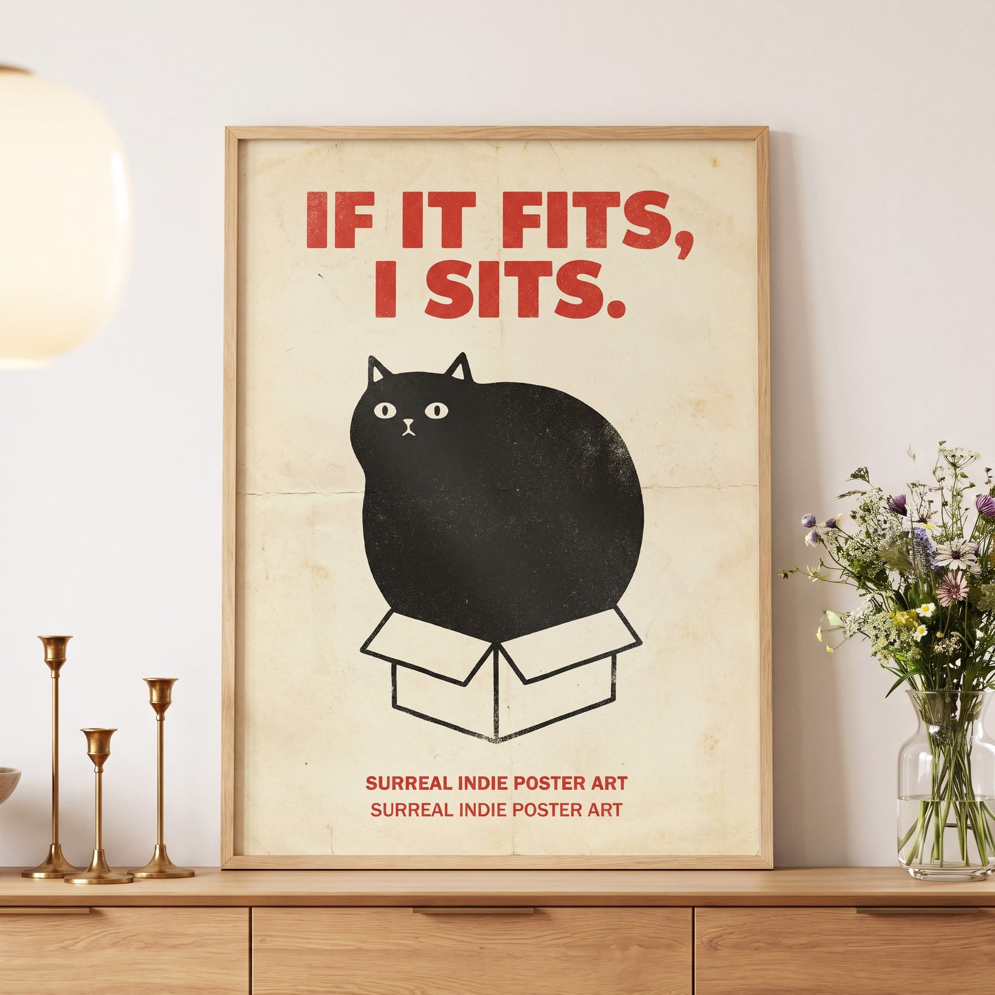 If It Fits Cat Poster, beige, black, red minimalist wall art displayed in a styled interior, gallery view 5