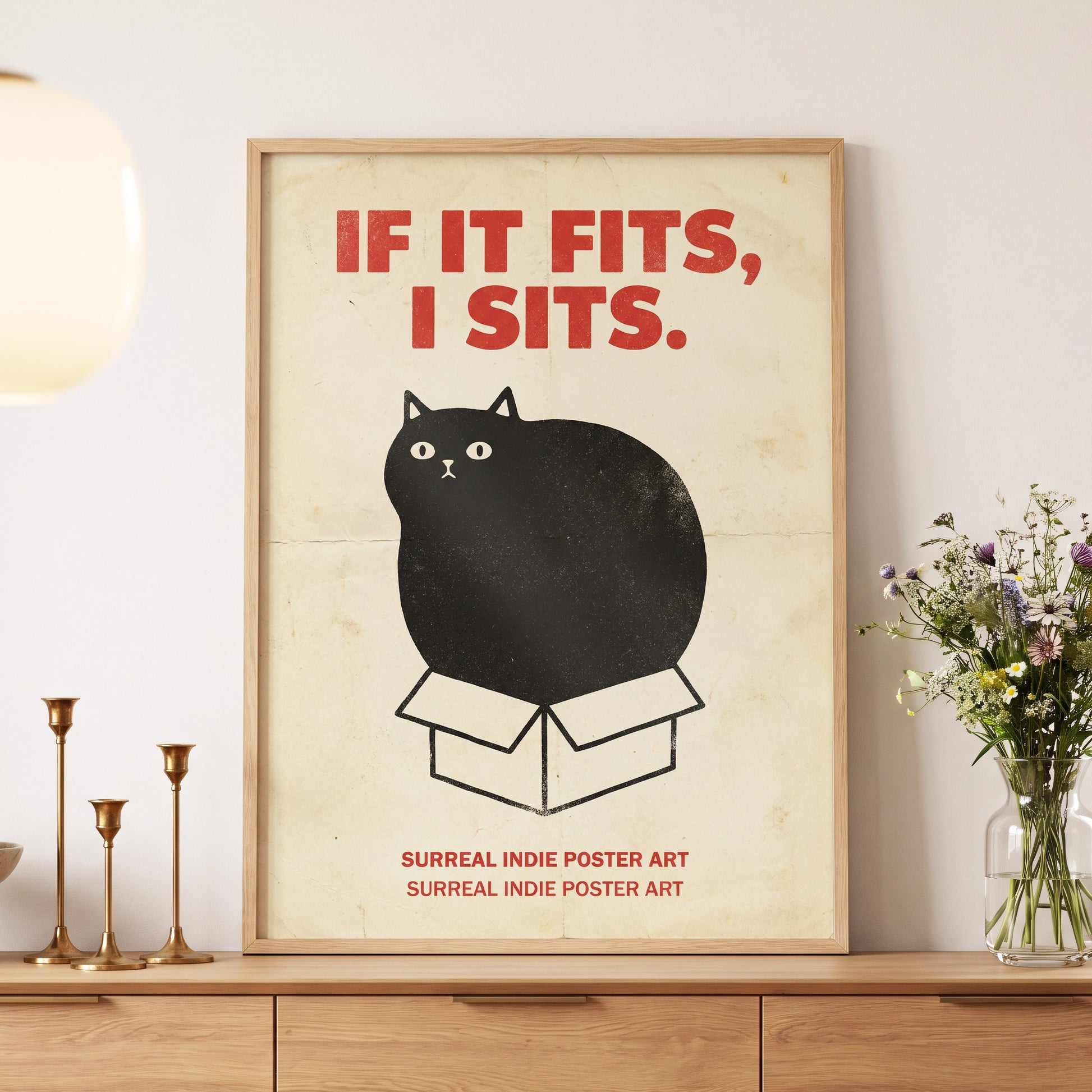 If It Fits Cat Poster, beige, black, red minimalist wall art displayed in a styled interior, gallery view 5
