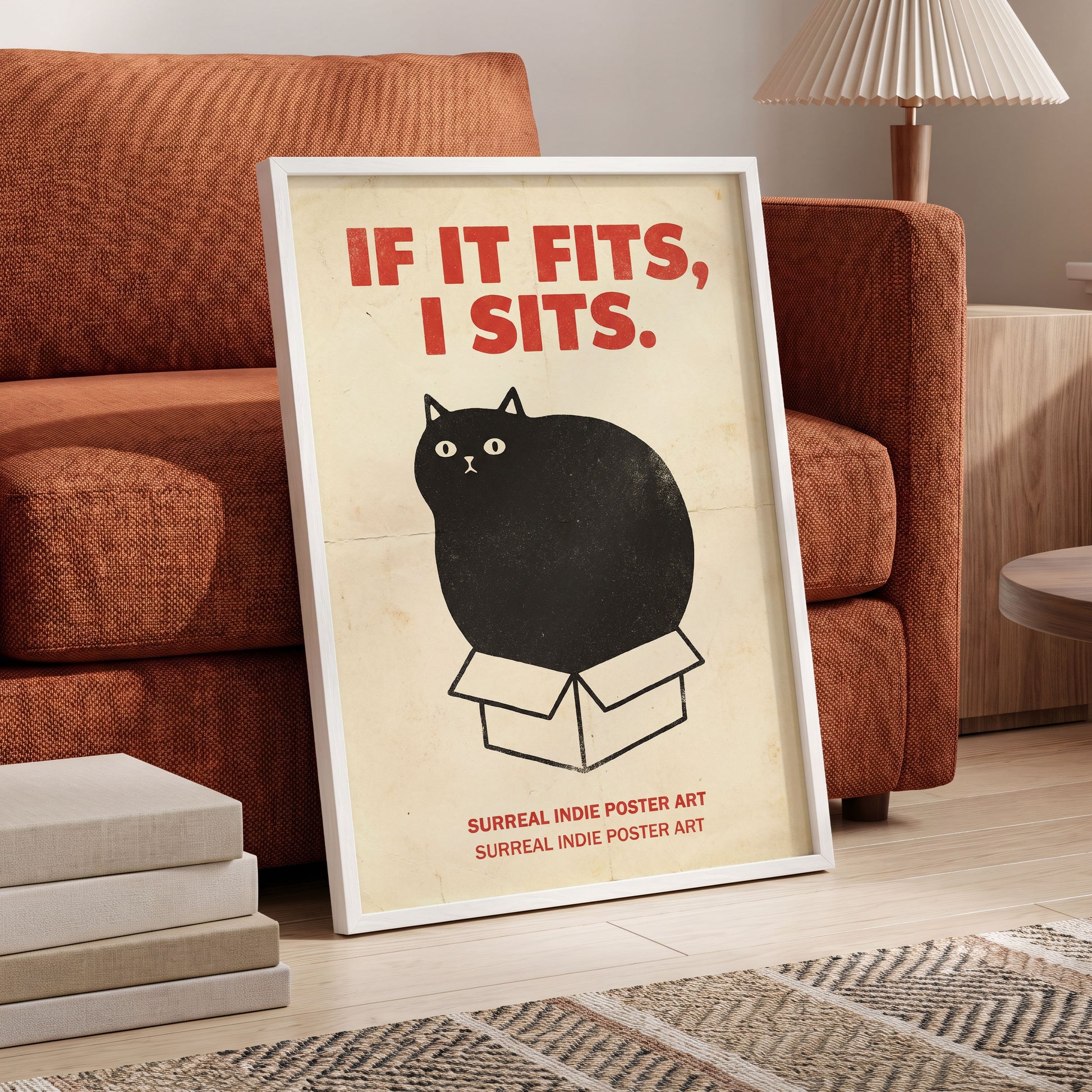 If It Fits Cat Poster, beige, black, red minimalist wall art displayed in a styled interior, gallery view 6