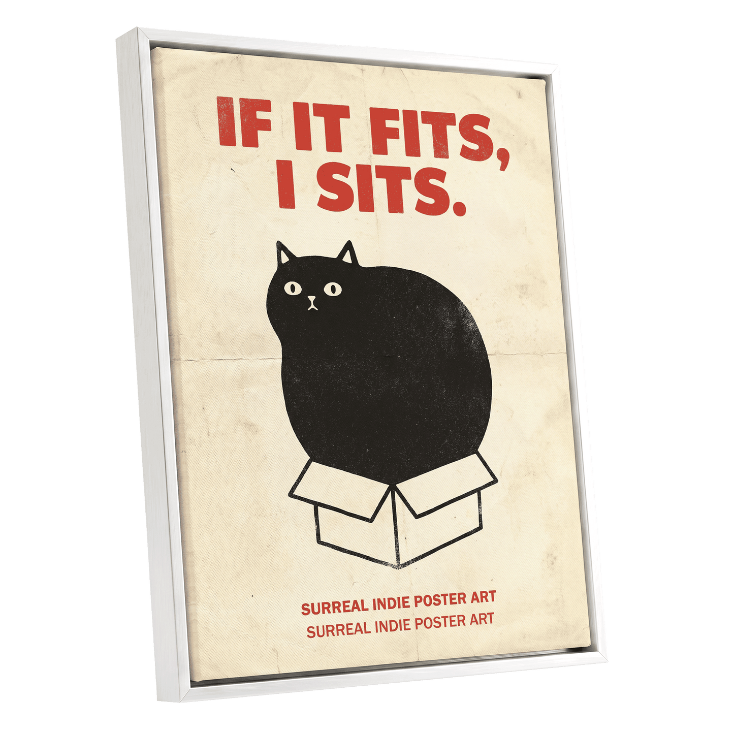 If It Fits Cat Poster, beige, black, red minimalist wall art shown as a white framed canvas wall art