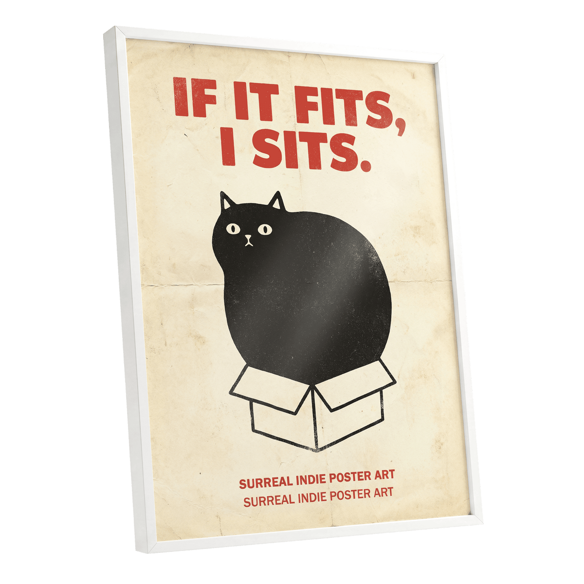 If It Fits Cat Poster, beige, black, red minimalist wall art shown as a white framed poster wall art print