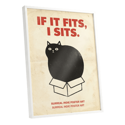 If It Fits Cat Poster, beige, black, red minimalist wall art shown as a white framed poster wall art print
