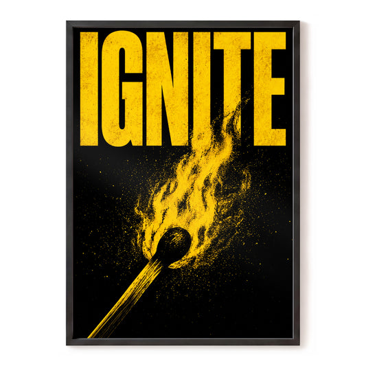 Ignition Point, black, yellow minimalist wall art, front artwork view