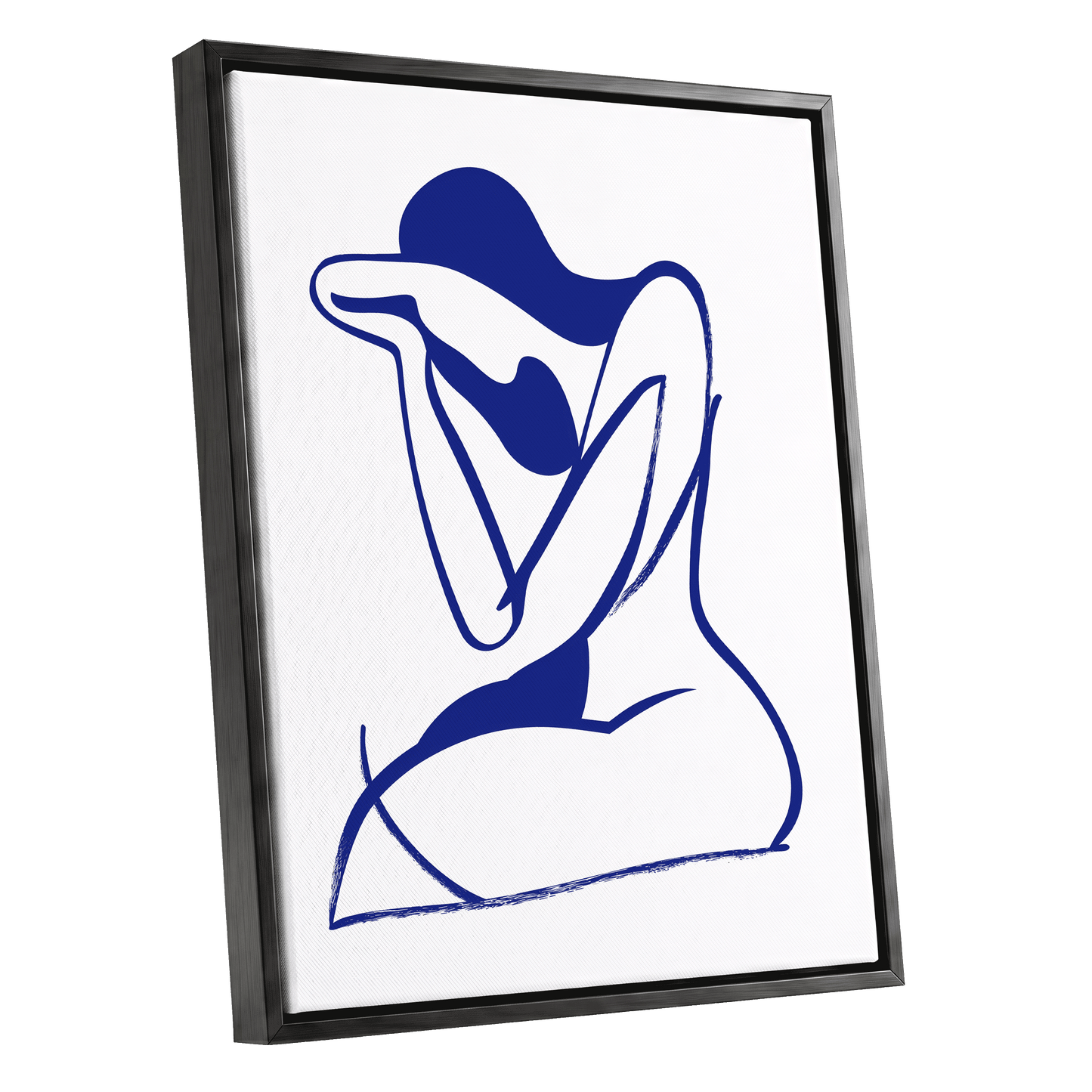 Indigo Gesture, blue, white abstract wall art shown as a black framed canvas wall art
