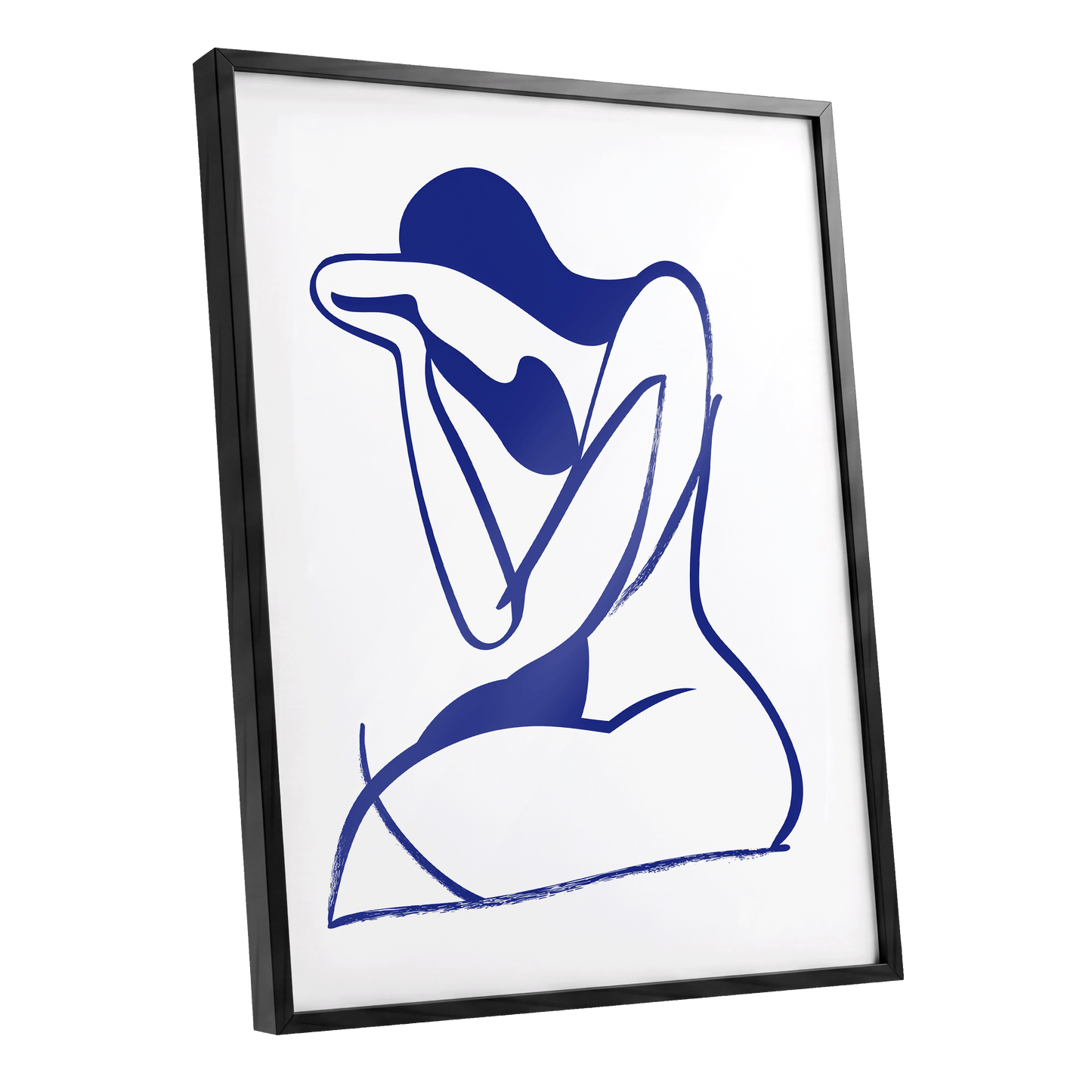 Indigo Gesture, blue, white abstract wall art shown as a black framed poster wall art print