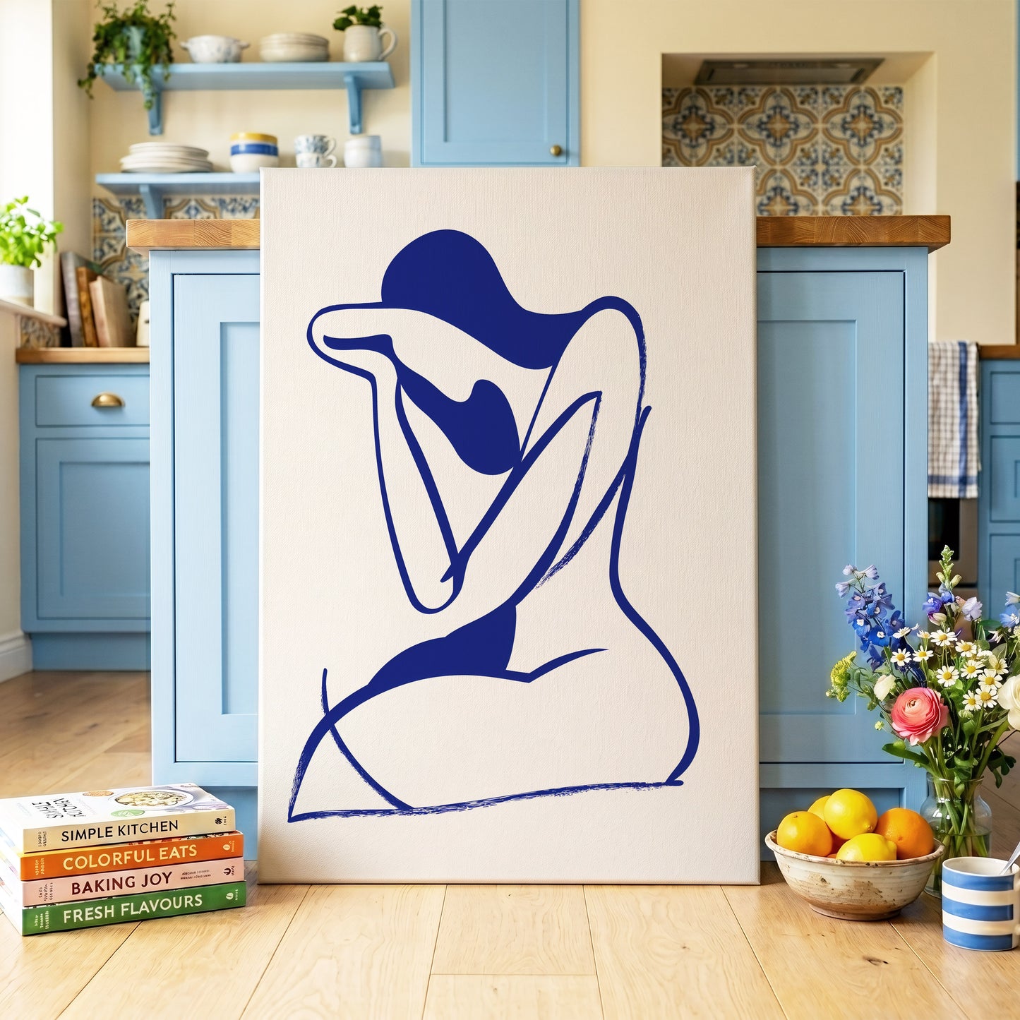 Indigo Gesture, blue, white abstract wall art on canvas displayed in a styled interior, gallery view 1