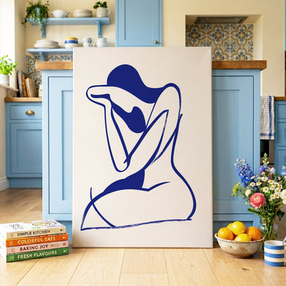 Indigo Gesture, blue, white abstract wall art on canvas displayed in a styled interior, gallery view 1