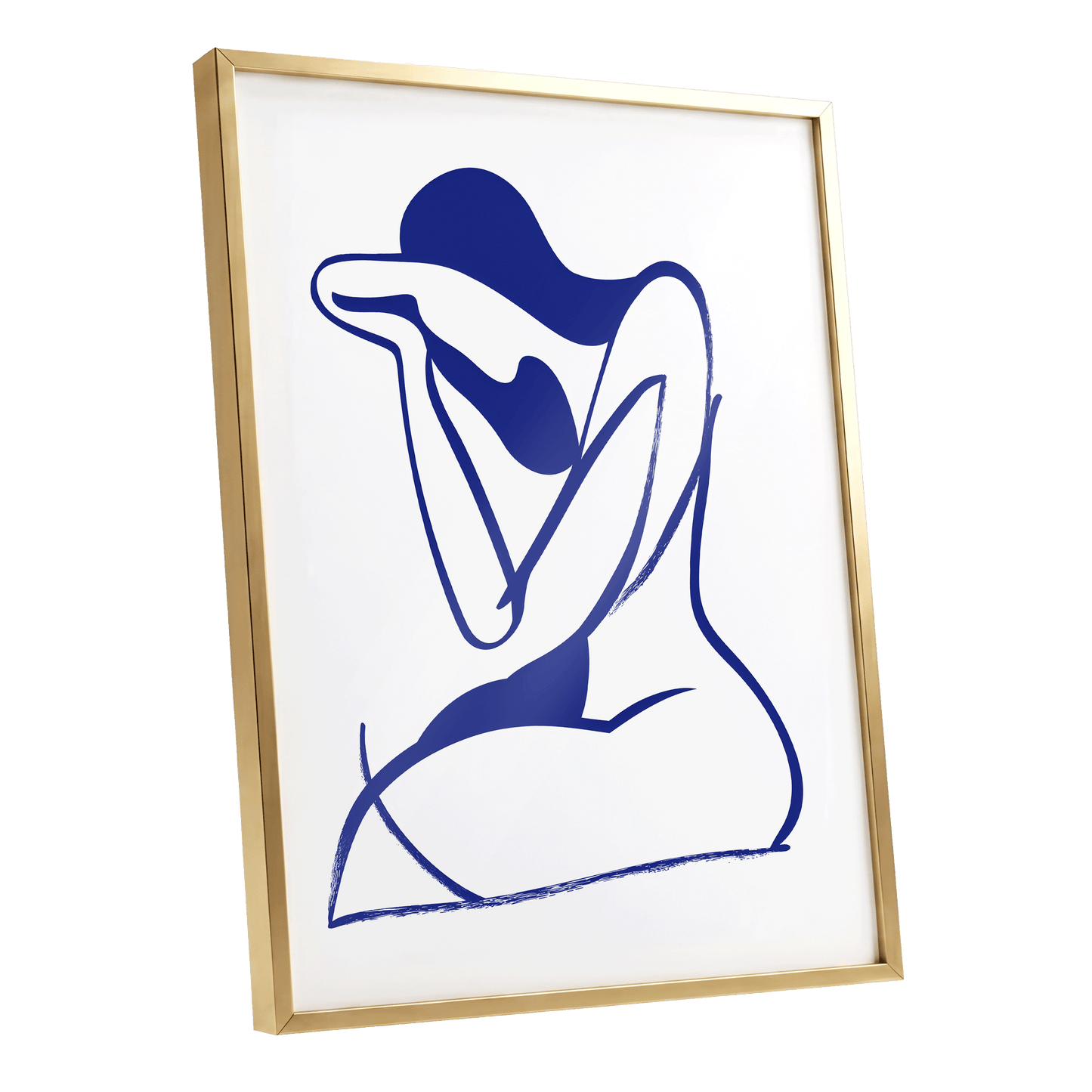 Indigo Gesture, blue, white abstract wall art shown as a gold framed poster wall art print