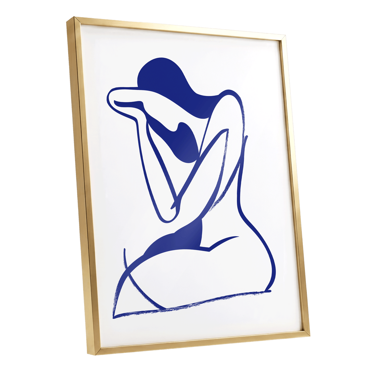 Indigo Gesture, blue, white abstract wall art shown as a gold framed poster wall art print