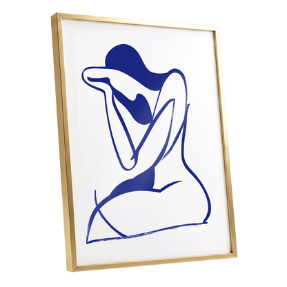 Indigo Gesture, blue, white abstract wall art shown as a gold framed poster wall art print