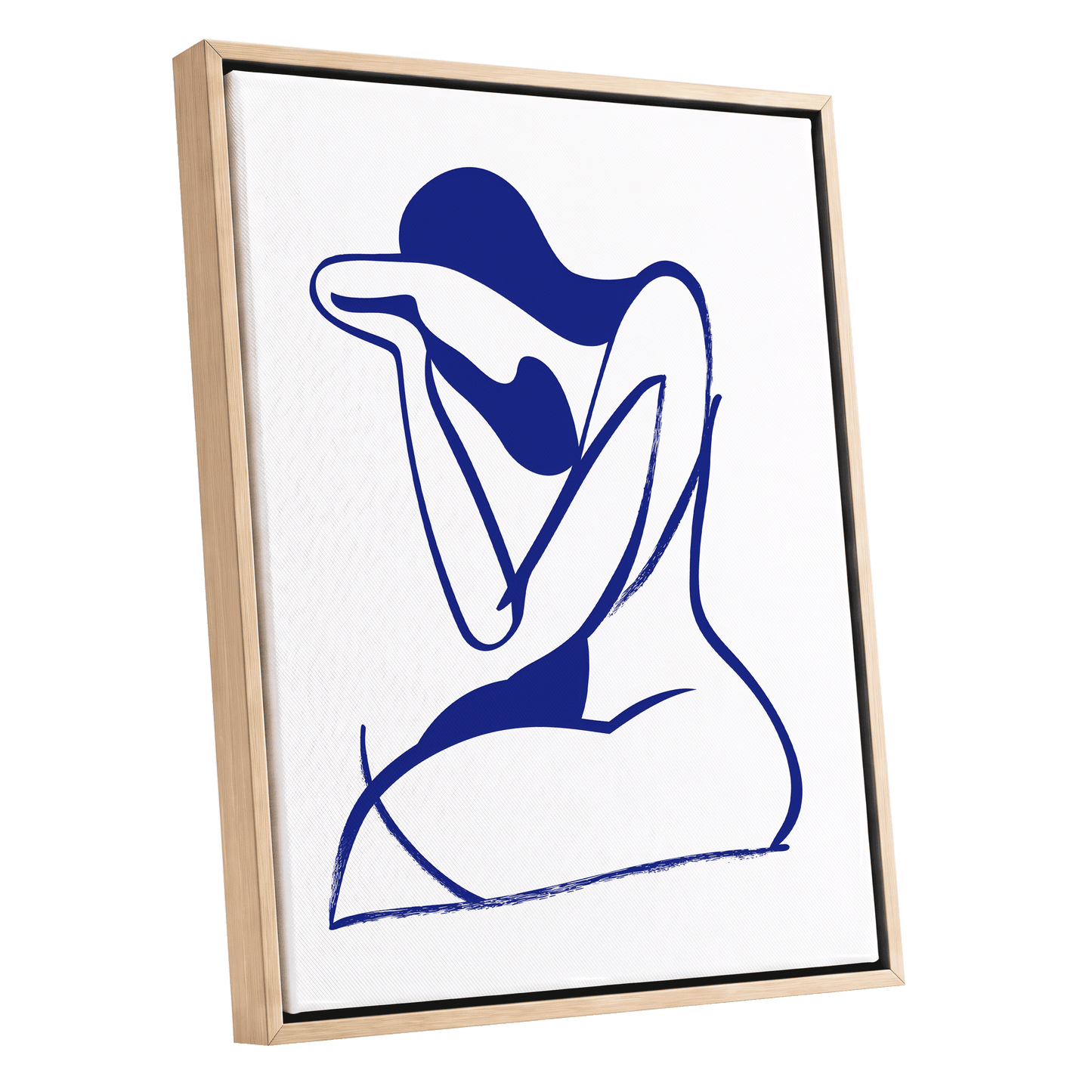 Indigo Gesture, blue, white abstract wall art shown as a oak framed canvas wall art