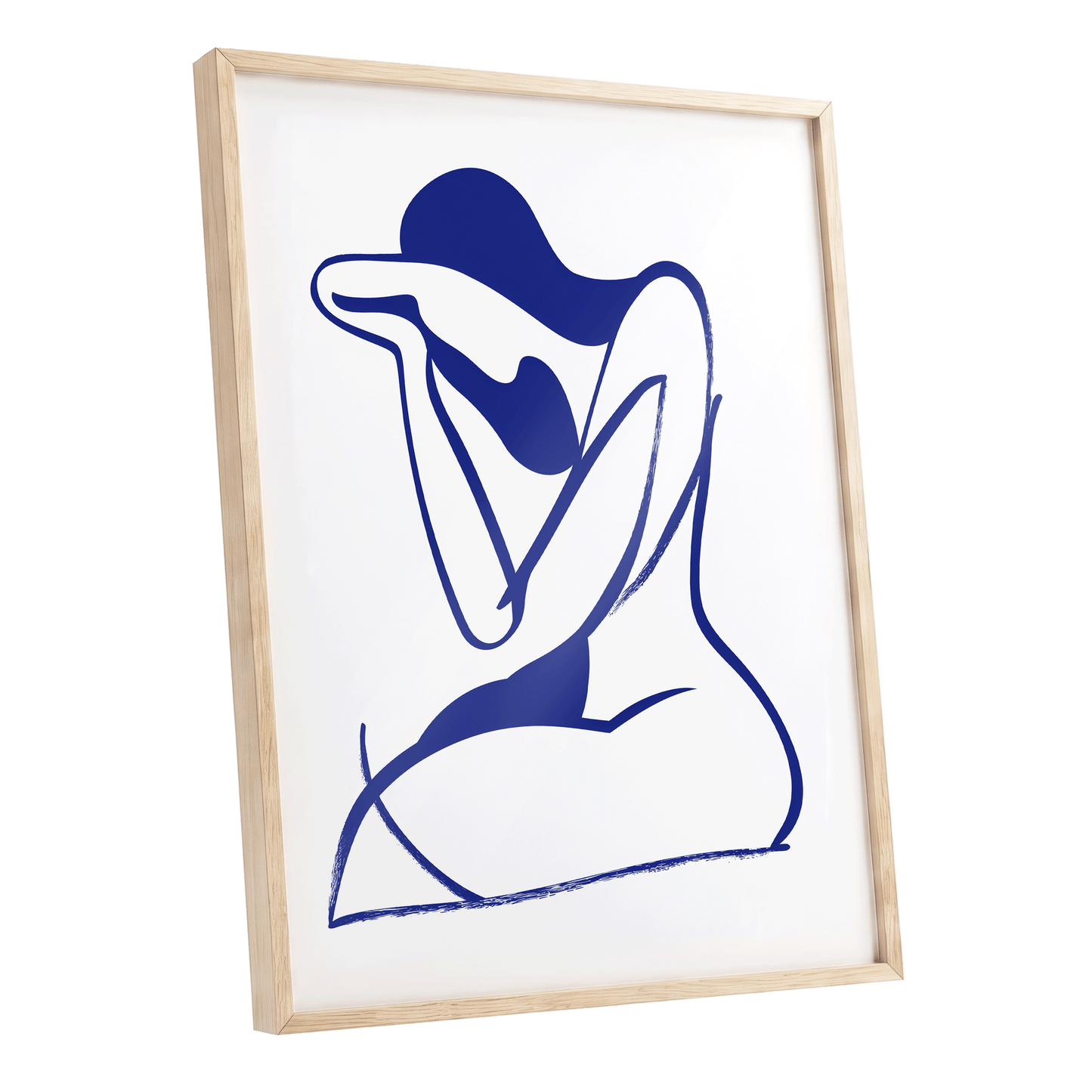 Indigo Gesture, blue, white abstract wall art shown as a oak framed poster wall art print