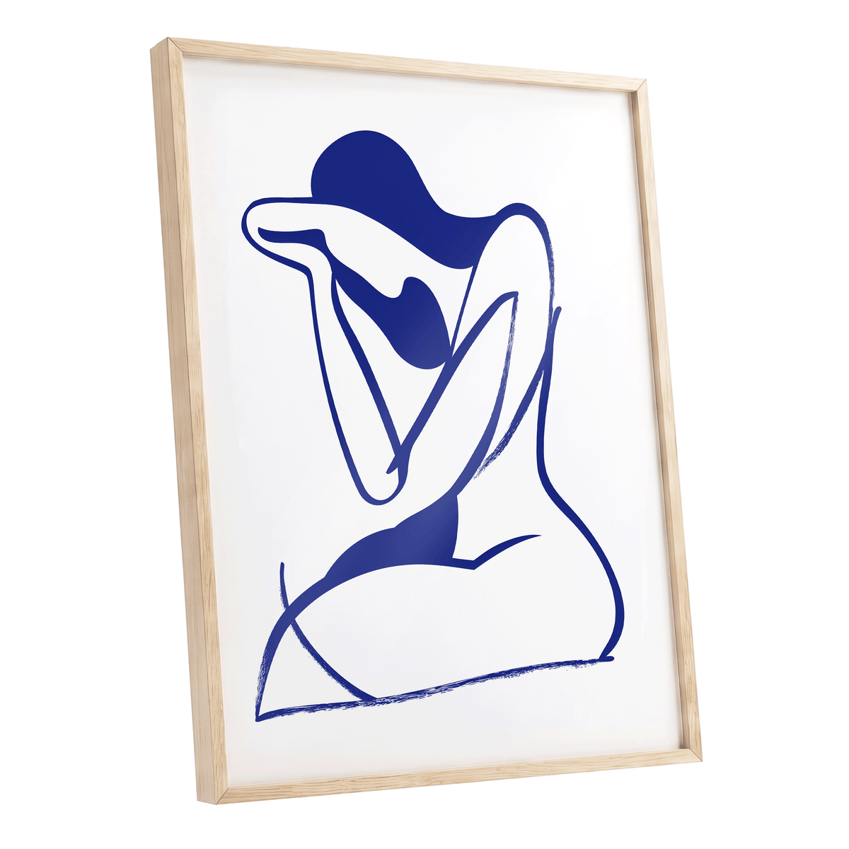Indigo Gesture, blue, white abstract wall art shown as a oak framed poster wall art print