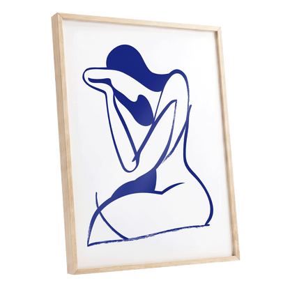 Indigo Gesture, blue, white abstract wall art shown as a oak framed poster wall art print