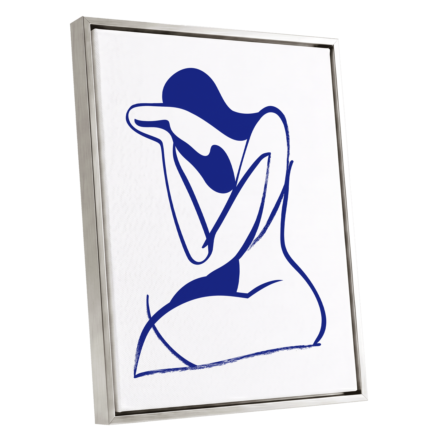 Indigo Gesture, blue, white abstract wall art shown as a silver framed canvas wall art