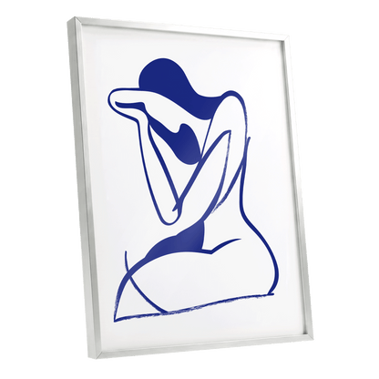 Indigo Gesture, blue, white abstract wall art shown as a silver framed poster wall art print