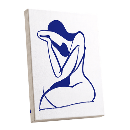 Indigo Gesture, blue, white abstract wall art shown as a stretched canvas wall art
