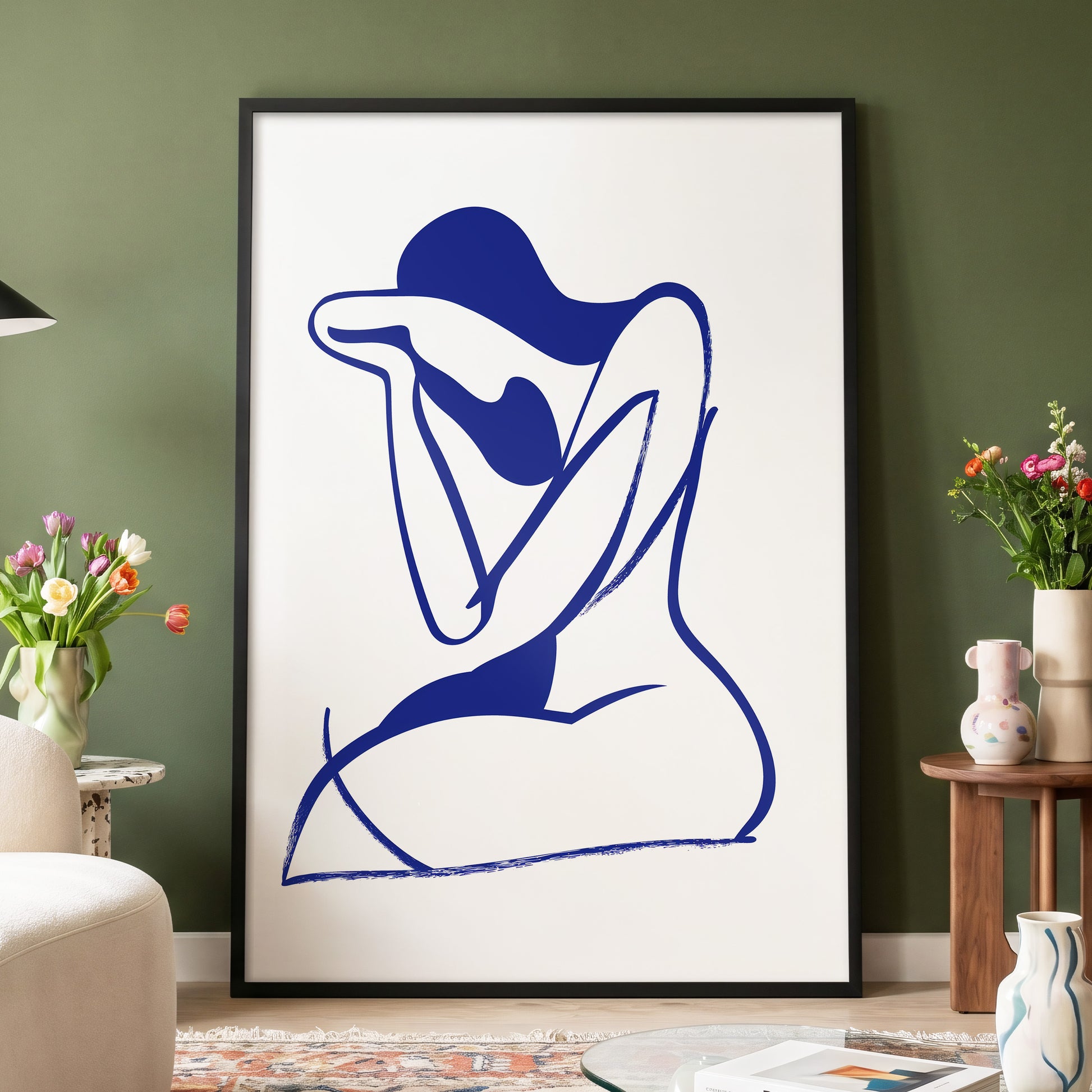 Indigo Gesture, blue, white abstract wall art displayed in a styled interior, gallery view 4