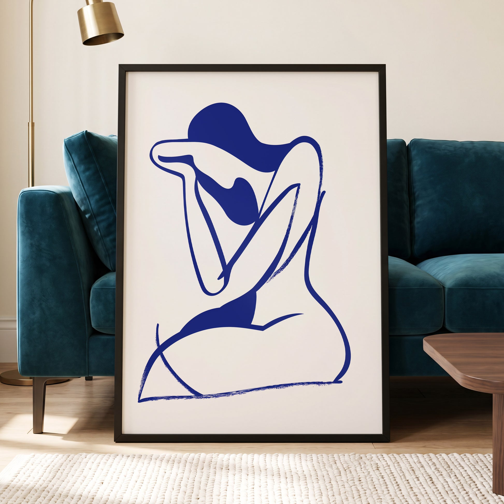 Indigo Gesture, blue, white abstract wall art displayed in a styled interior, gallery view 6