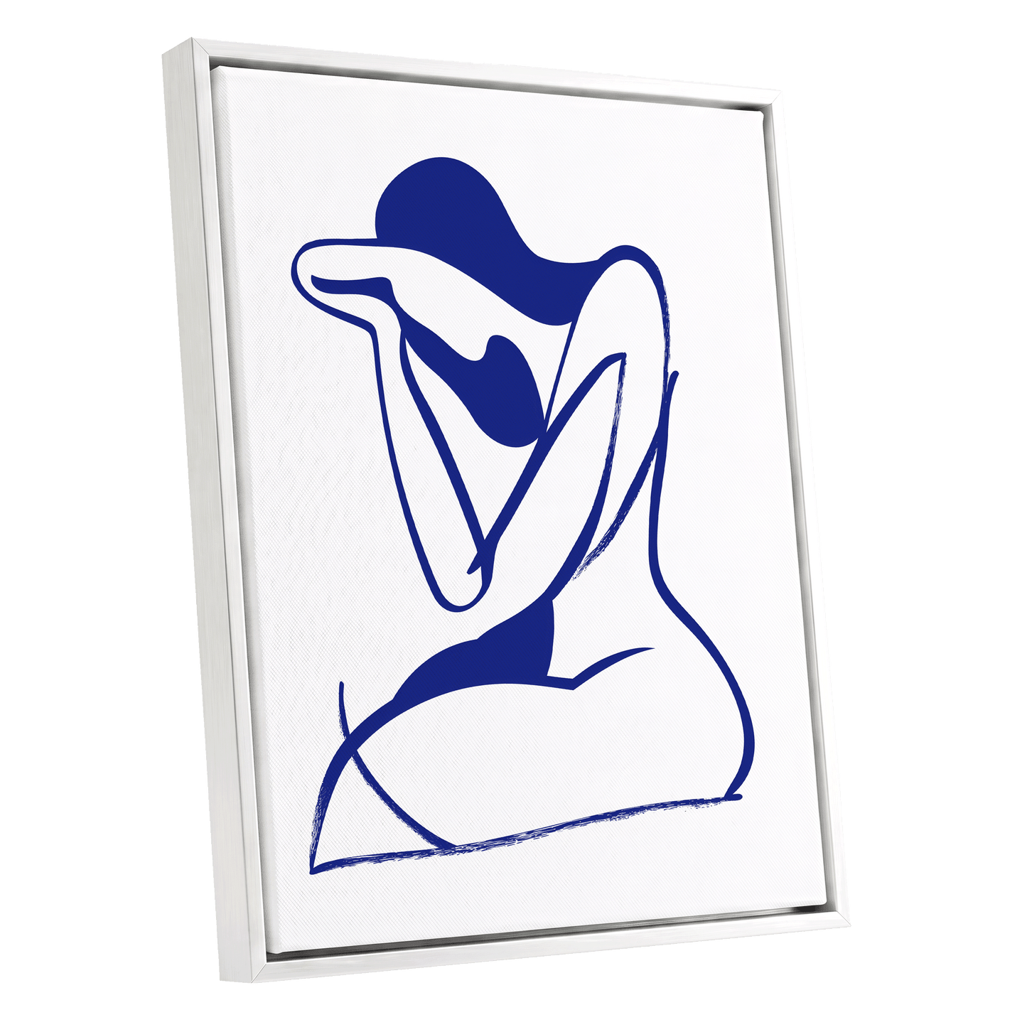 Indigo Gesture, blue, white abstract wall art shown as a white framed canvas wall art