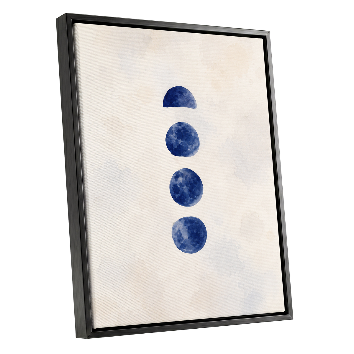 Indigo Interval, blue, beige, white minimalist wall art shown as a black framed canvas wall art
