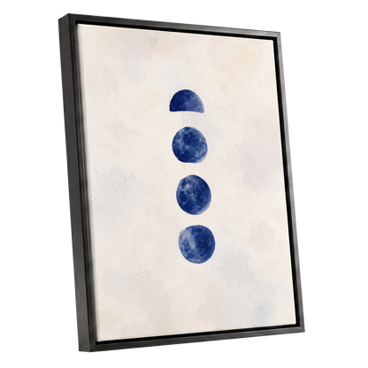 Indigo Interval, blue, beige, white minimalist wall art shown as a black framed canvas wall art