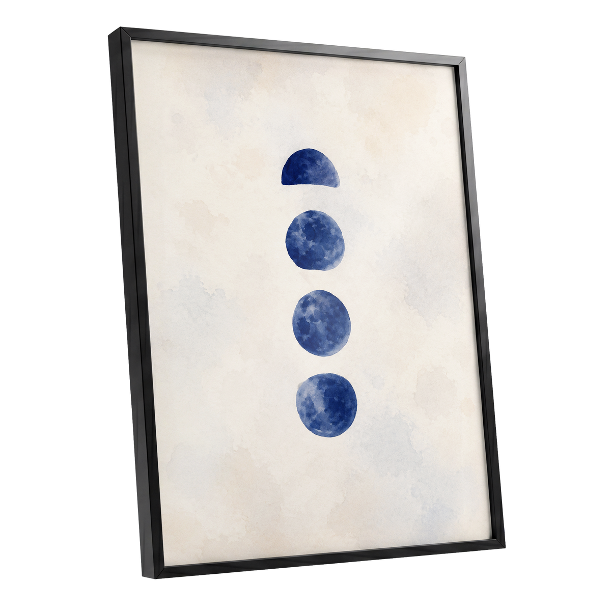 Indigo Interval, blue, beige, white minimalist wall art shown as a black framed poster wall art print