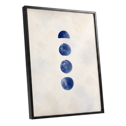 Indigo Interval, blue, beige, white minimalist wall art shown as a black framed poster wall art print