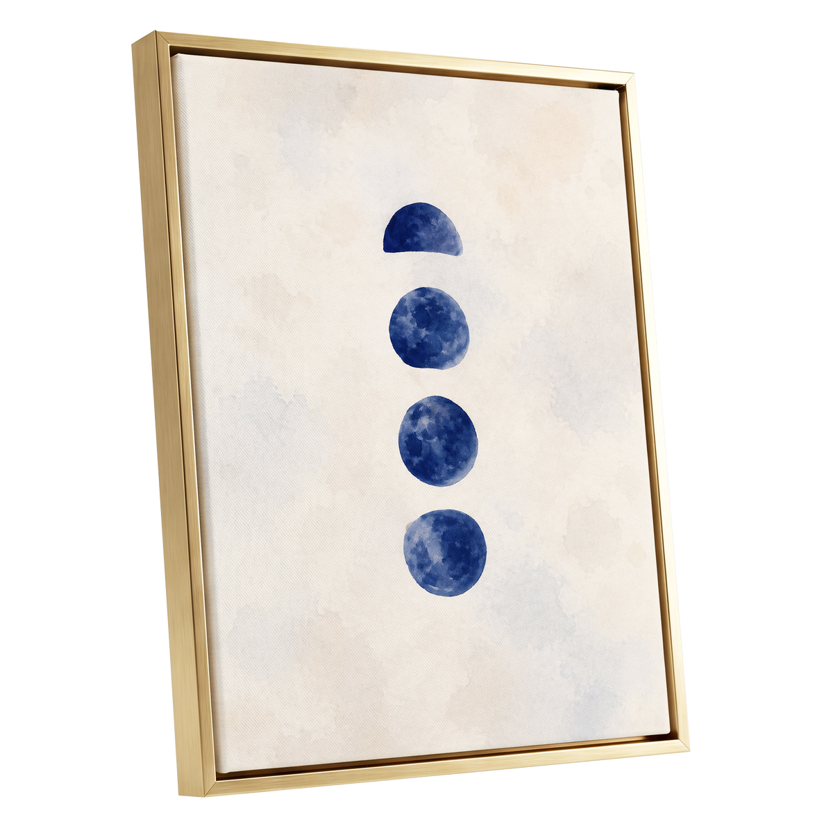 Indigo Interval, blue, beige, white minimalist wall art shown as a gold framed canvas wall art