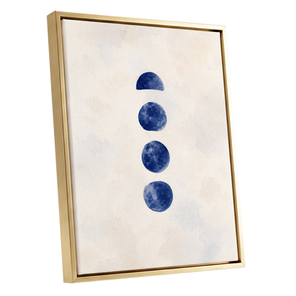 Indigo Interval, blue, beige, white minimalist wall art shown as a gold framed canvas wall art