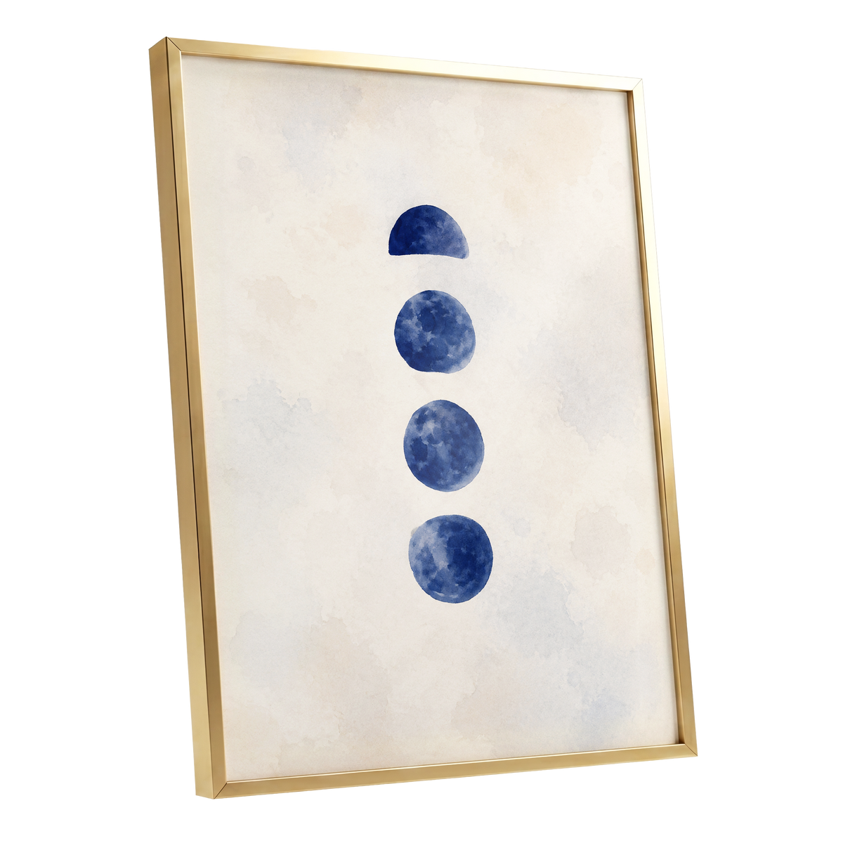 Indigo Interval, blue, beige, white minimalist wall art shown as a gold framed poster wall art print