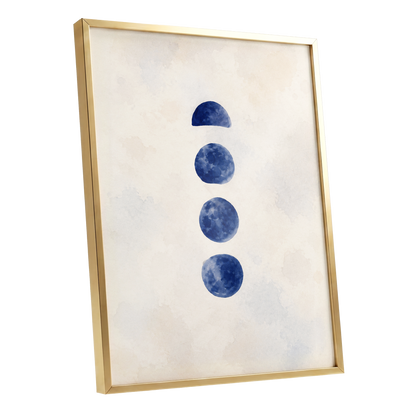 Indigo Interval, blue, beige, white minimalist wall art shown as a gold framed poster wall art print