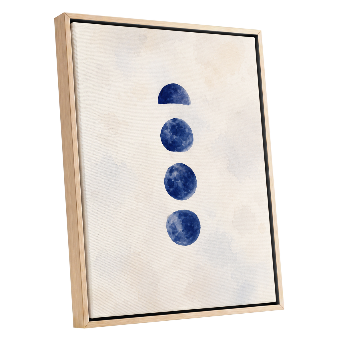 Indigo Interval, blue, beige, white minimalist wall art shown as a oak framed canvas wall art