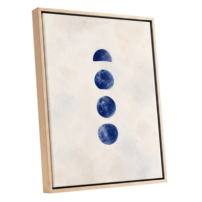 Indigo Interval, blue, beige, white minimalist wall art shown as a oak framed canvas wall art