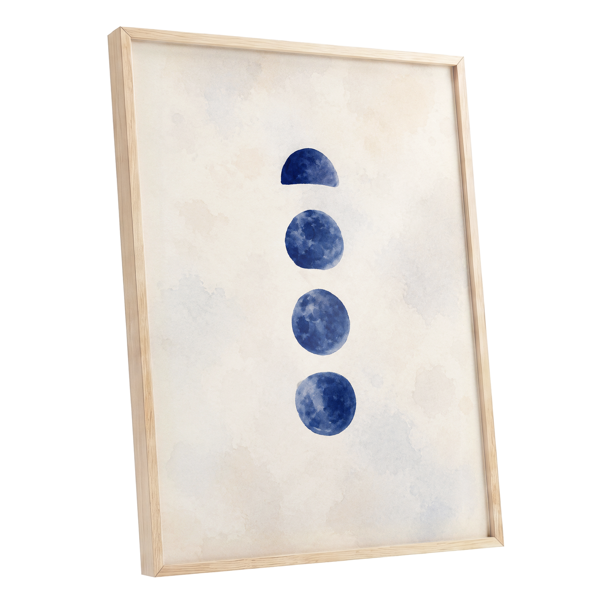 Indigo Interval, blue, beige, white minimalist wall art shown as a oak framed poster wall art print