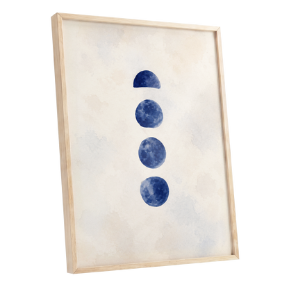Indigo Interval, blue, beige, white minimalist wall art shown as a oak framed poster wall art print