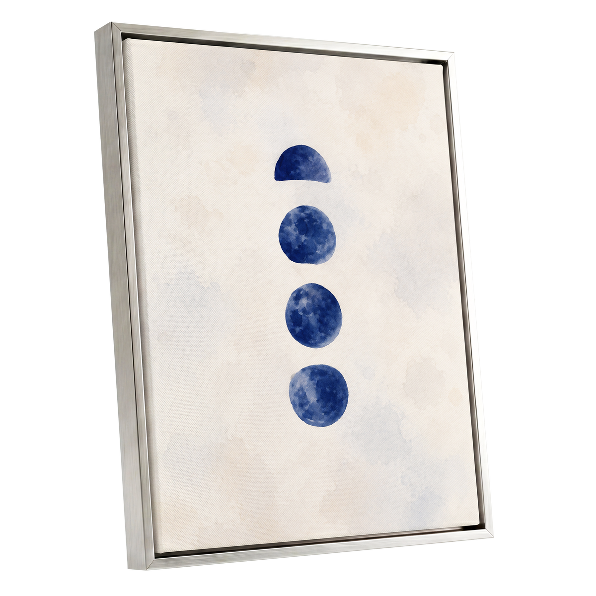Indigo Interval, blue, beige, white minimalist wall art shown as a silver framed canvas wall art