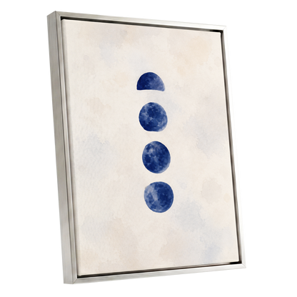 Indigo Interval, blue, beige, white minimalist wall art shown as a silver framed canvas wall art