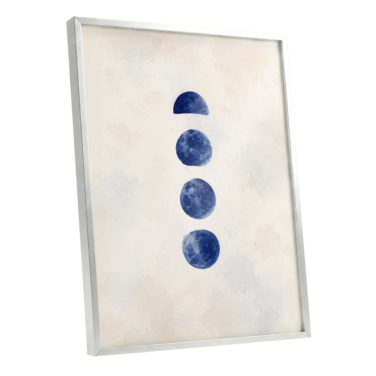 Indigo Interval, blue, beige, white minimalist wall art shown as a silver framed poster wall art print