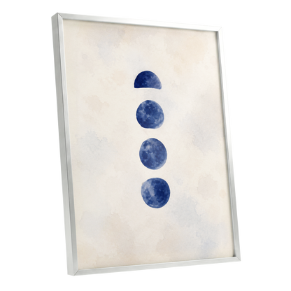 Indigo Interval, blue, beige, white minimalist wall art shown as a silver framed poster wall art print