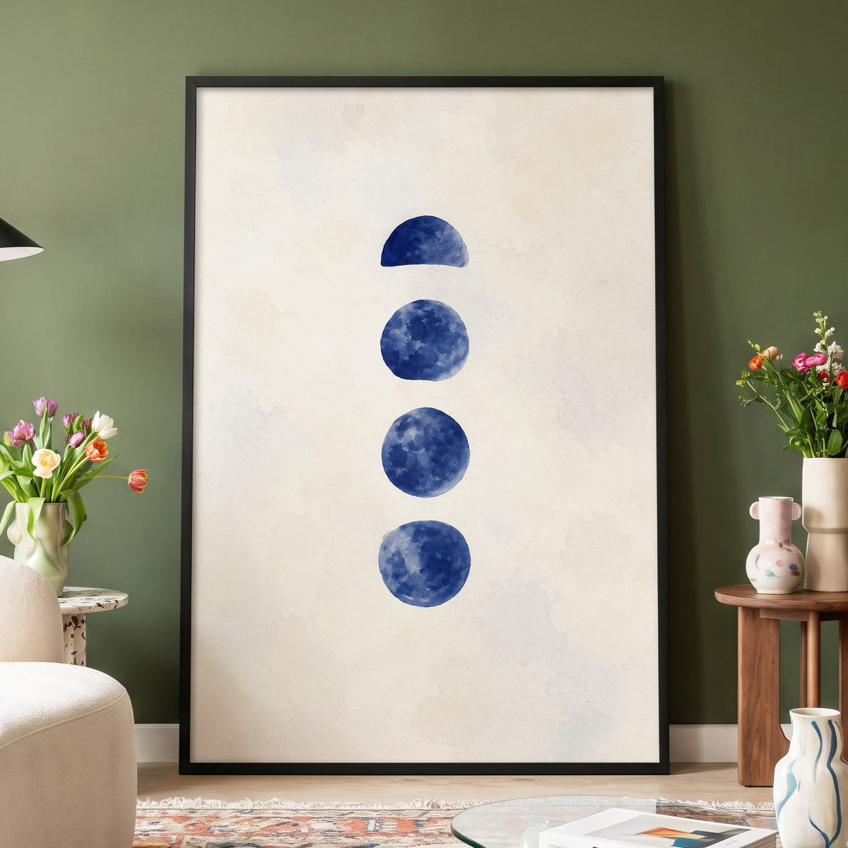Indigo Interval, blue, beige, white minimalist wall art displayed in a styled interior, gallery view 2