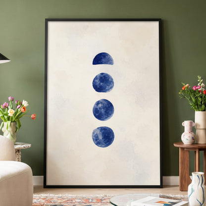 Indigo Interval, blue, beige, white minimalist wall art displayed in a styled interior, gallery view 2