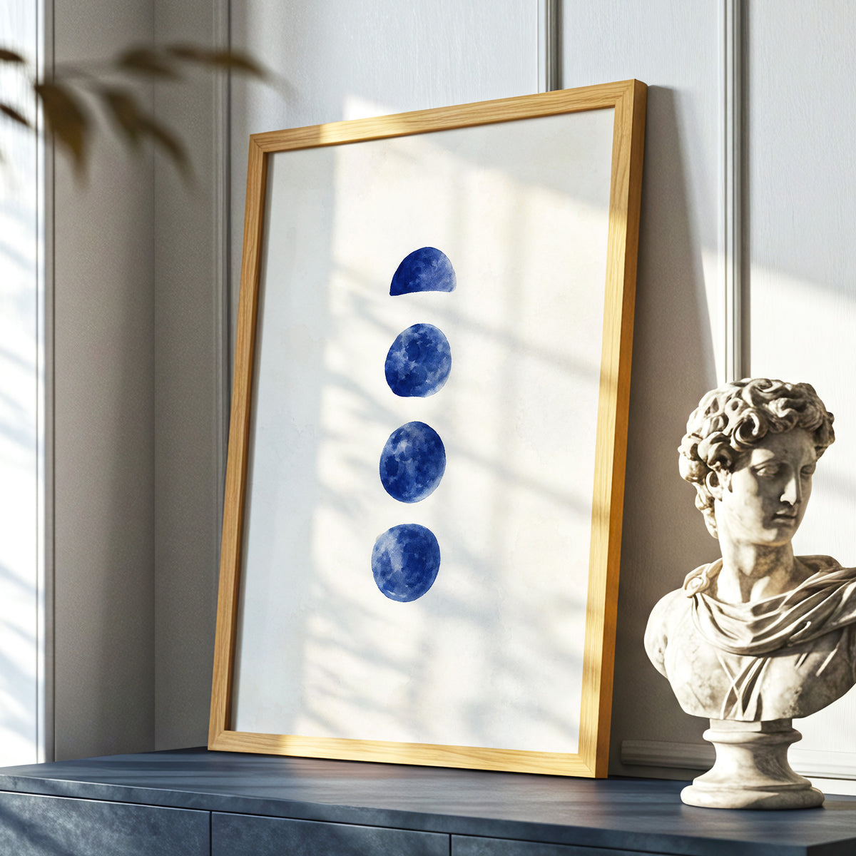 Indigo Interval, blue, beige, white minimalist wall art displayed in a styled interior, gallery view 6