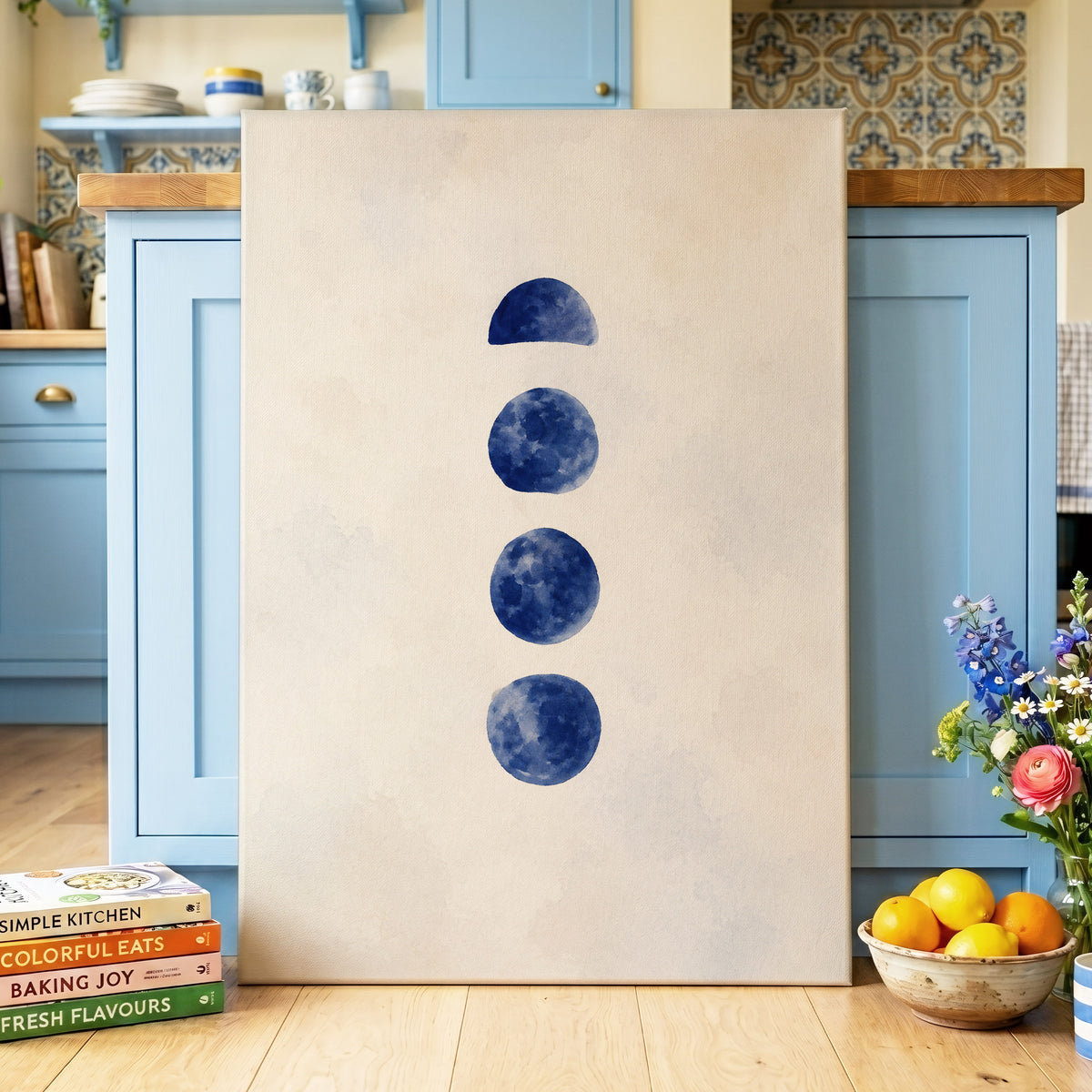 Indigo Interval, blue, beige, white minimalist wall art displayed in a styled interior, gallery view 7